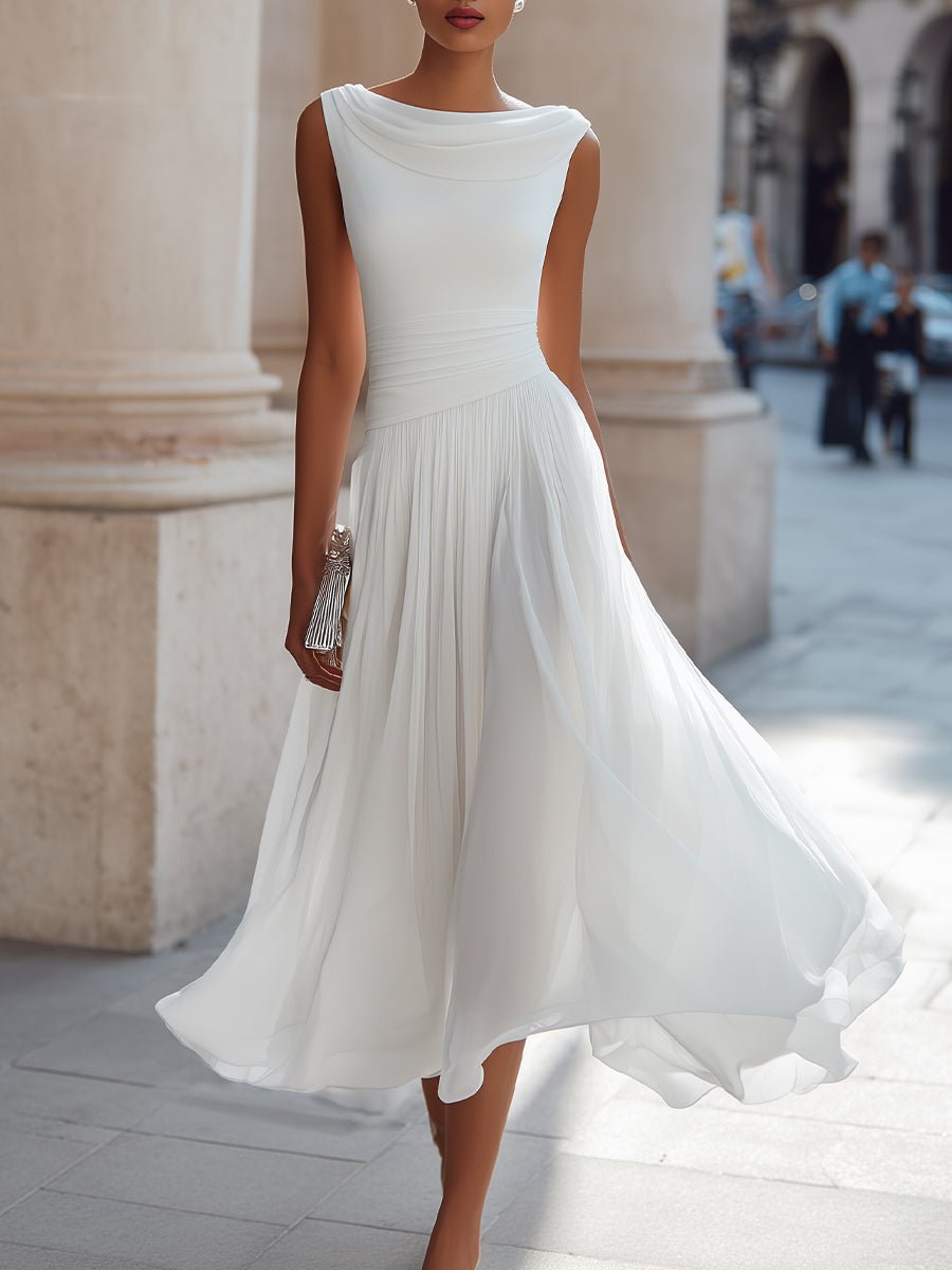 Dames Mouwloze Geplooide Midi-jurk - White