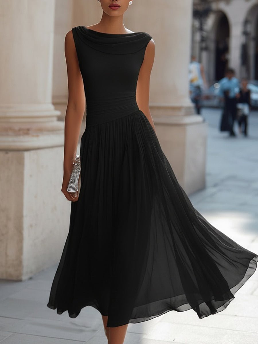 Dames Mouwloze Geplooide Midi-jurk - Black
