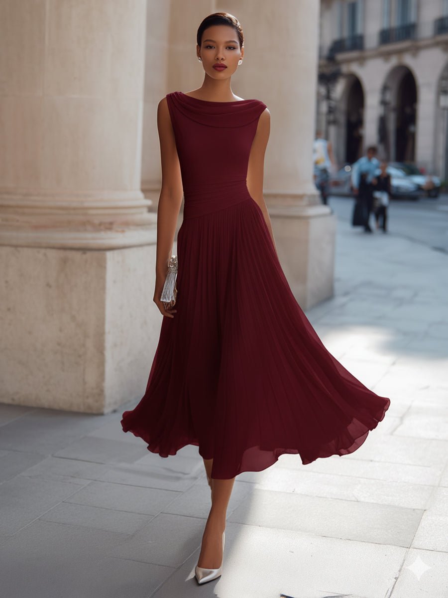 Dames Mouwloze Geplooide Midi-jurk - Burgundy