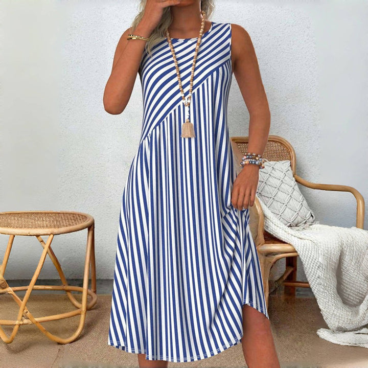 Dames Mouwloze Gestreepte Zomerjurk Casual Midi - Blauw en Wit