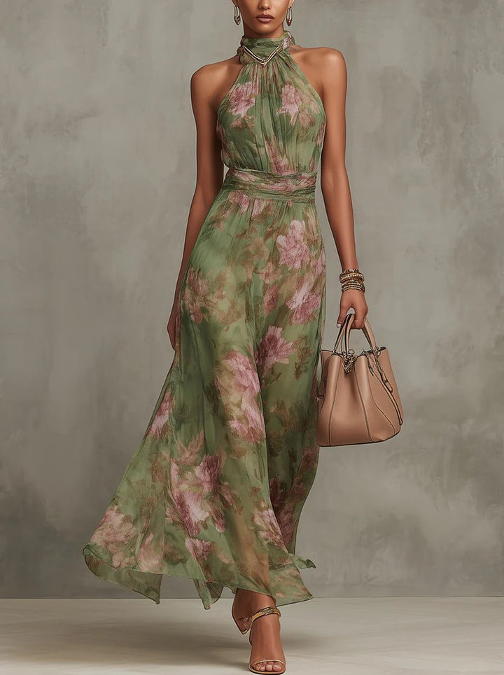 Dames Mouwloze Halter Maxi Jurk met Bloemenprint - Green
