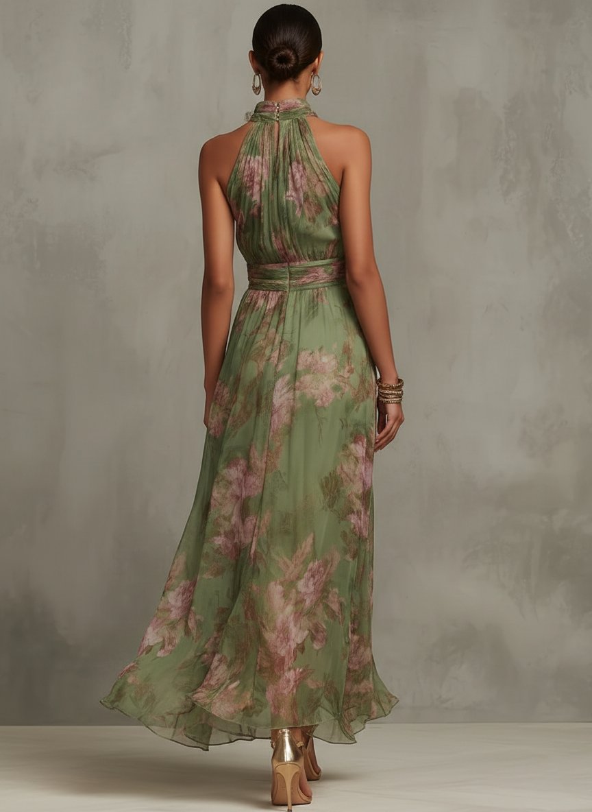 Dames Mouwloze Halter Maxi Jurk met Bloemenprint