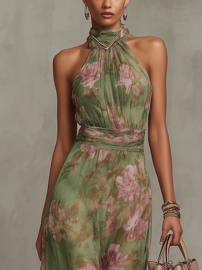 Dames Mouwloze Halter Maxi Jurk met Bloemenprint