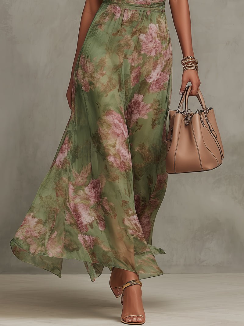 Dames Mouwloze Halter Maxi Jurk met Bloemenprint