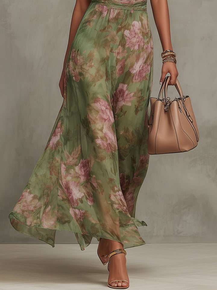 Dames Mouwloze Halter Maxi Jurk met Bloemenprint