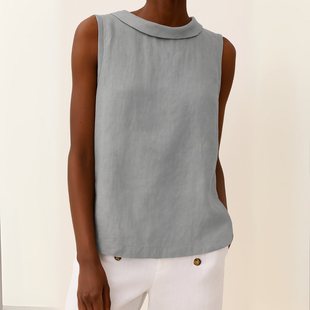 Dames Mouwloze Linen Blouse met Opstaande Kraag - Grey