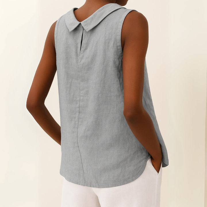 Dames Mouwloze Linen Blouse met Opstaande Kraag