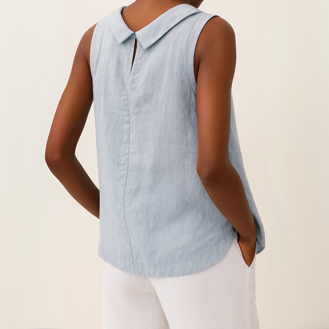 Dames Mouwloze Linen Blouse met Opstaande Kraag