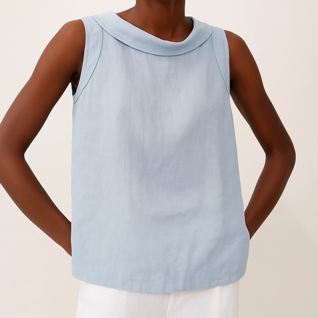 Dames Mouwloze Linen Blouse met Opstaande Kraag - Blue