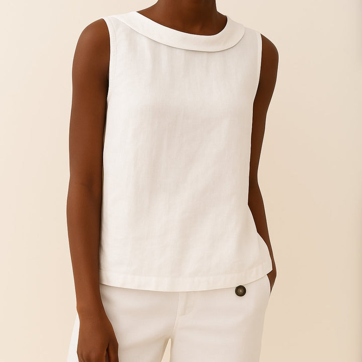 Dames Mouwloze Linen Blouse met Opstaande Kraag - White