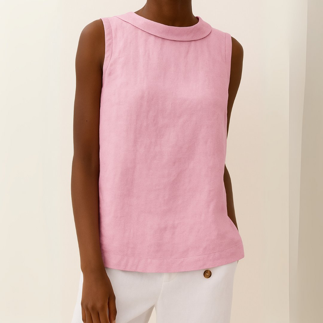 Dames Mouwloze Linen Blouse met Opstaande Kraag - Pink