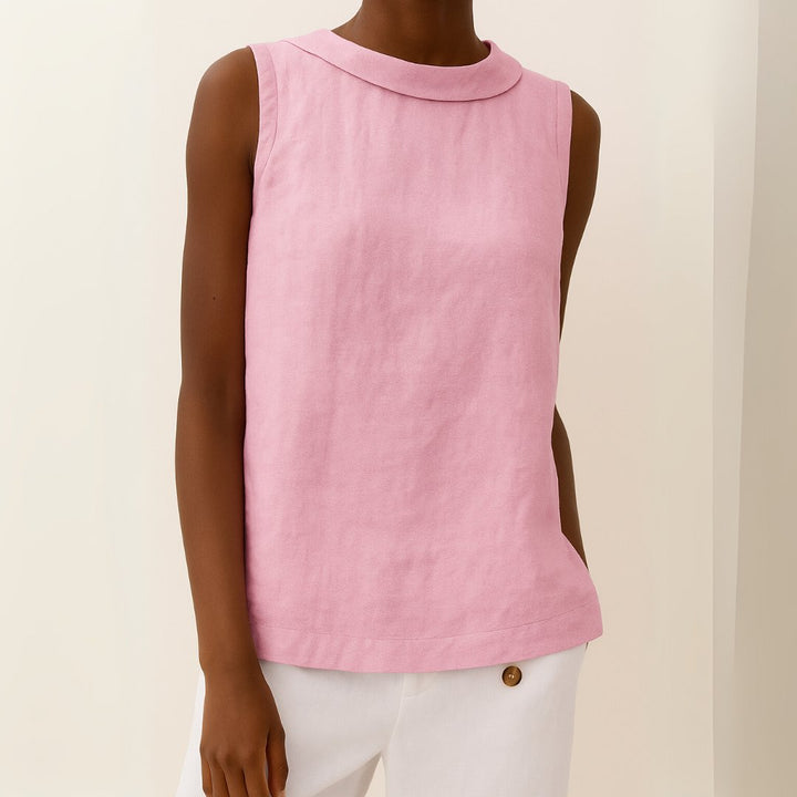 Dames Mouwloze Linen Blouse met Opstaande Kraag - Pink