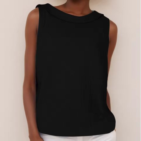 Dames Mouwloze Linen Blouse met Opstaande Kraag - black