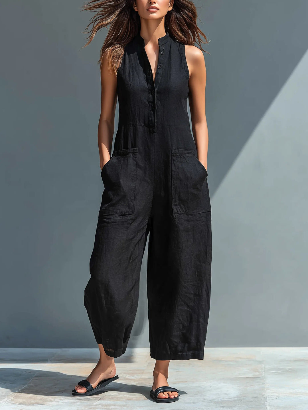 Dames Mouwloze Linnen Button-Up Jumpsuit - Black