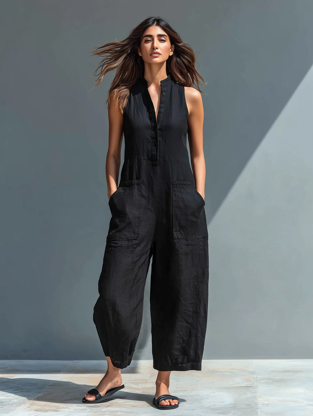 Dames Mouwloze Linnen Button-Up Jumpsuit