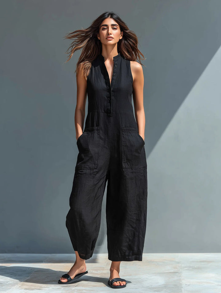 Dames Mouwloze Linnen Button-Up Jumpsuit