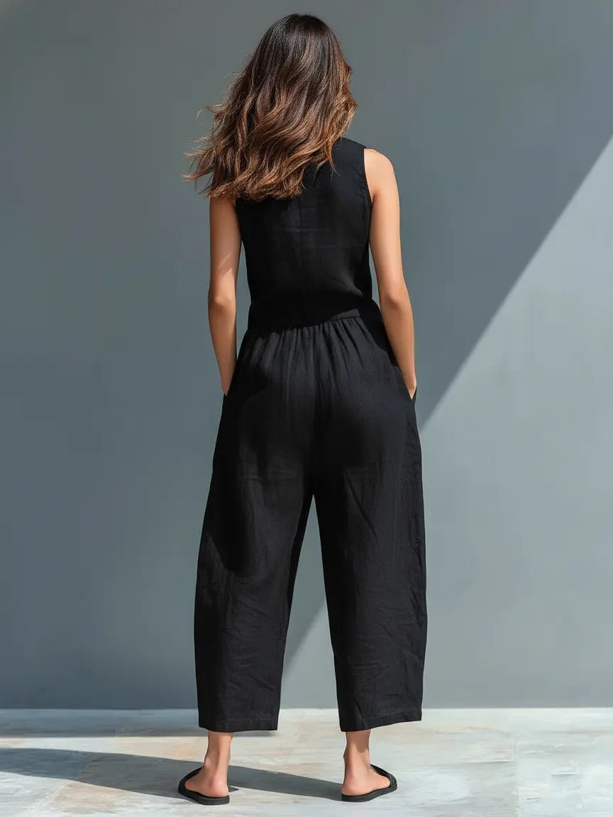 Dames Mouwloze Linnen Button-Up Jumpsuit