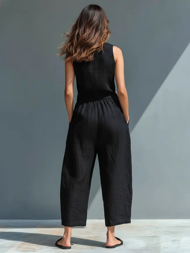 Dames Mouwloze Linnen Button-Up Jumpsuit