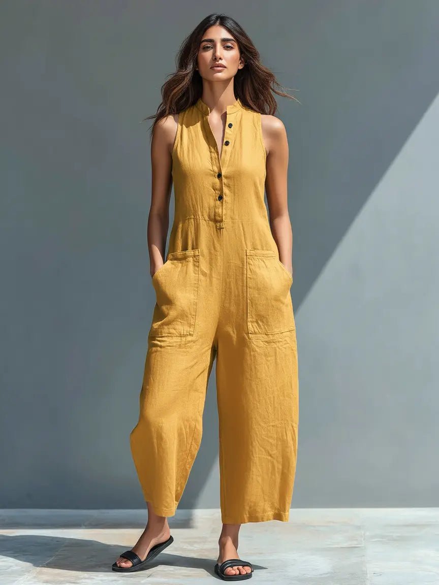 Dames Mouwloze Linnen Button-Up Jumpsuit - Yellow