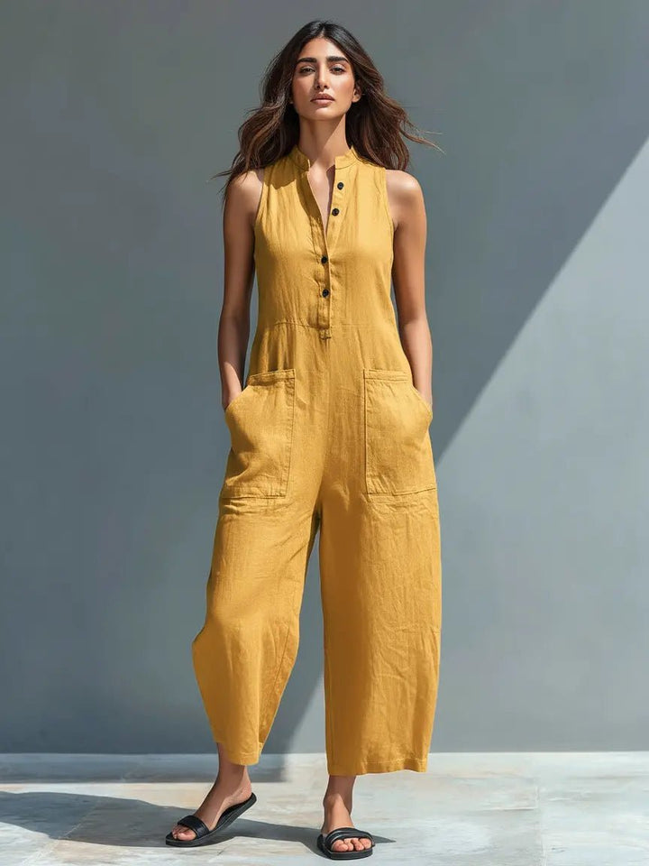 Dames Mouwloze Linnen Button-Up Jumpsuit - Yellow