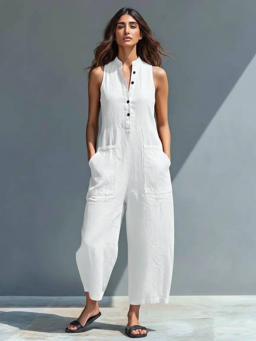 Dames Mouwloze Linnen Button-Up Jumpsuit - White