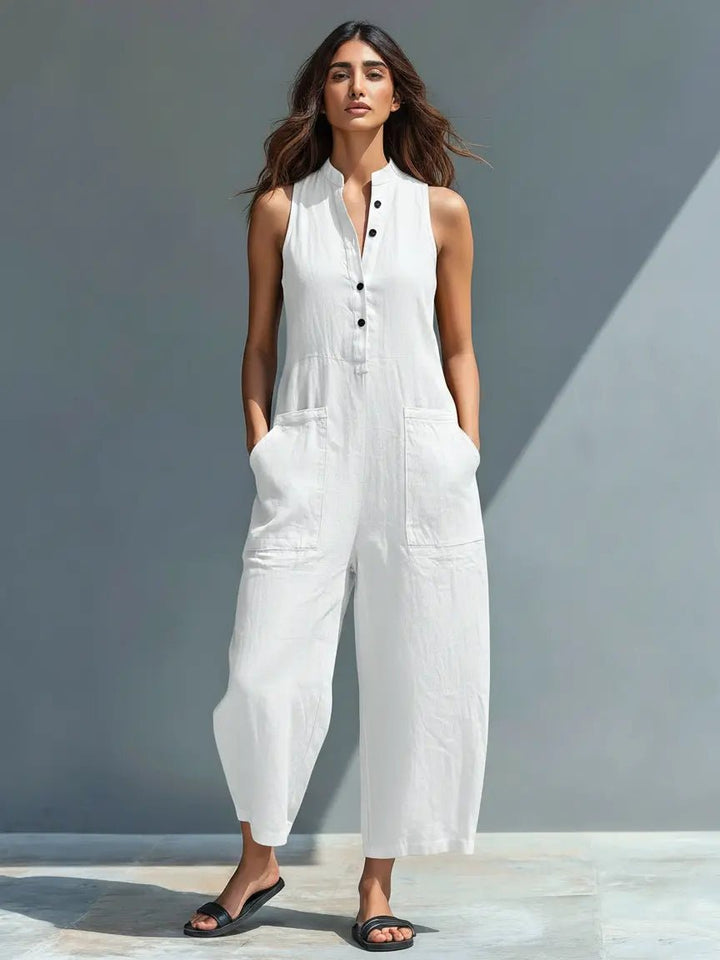 Dames Mouwloze Linnen Button-Up Jumpsuit - White