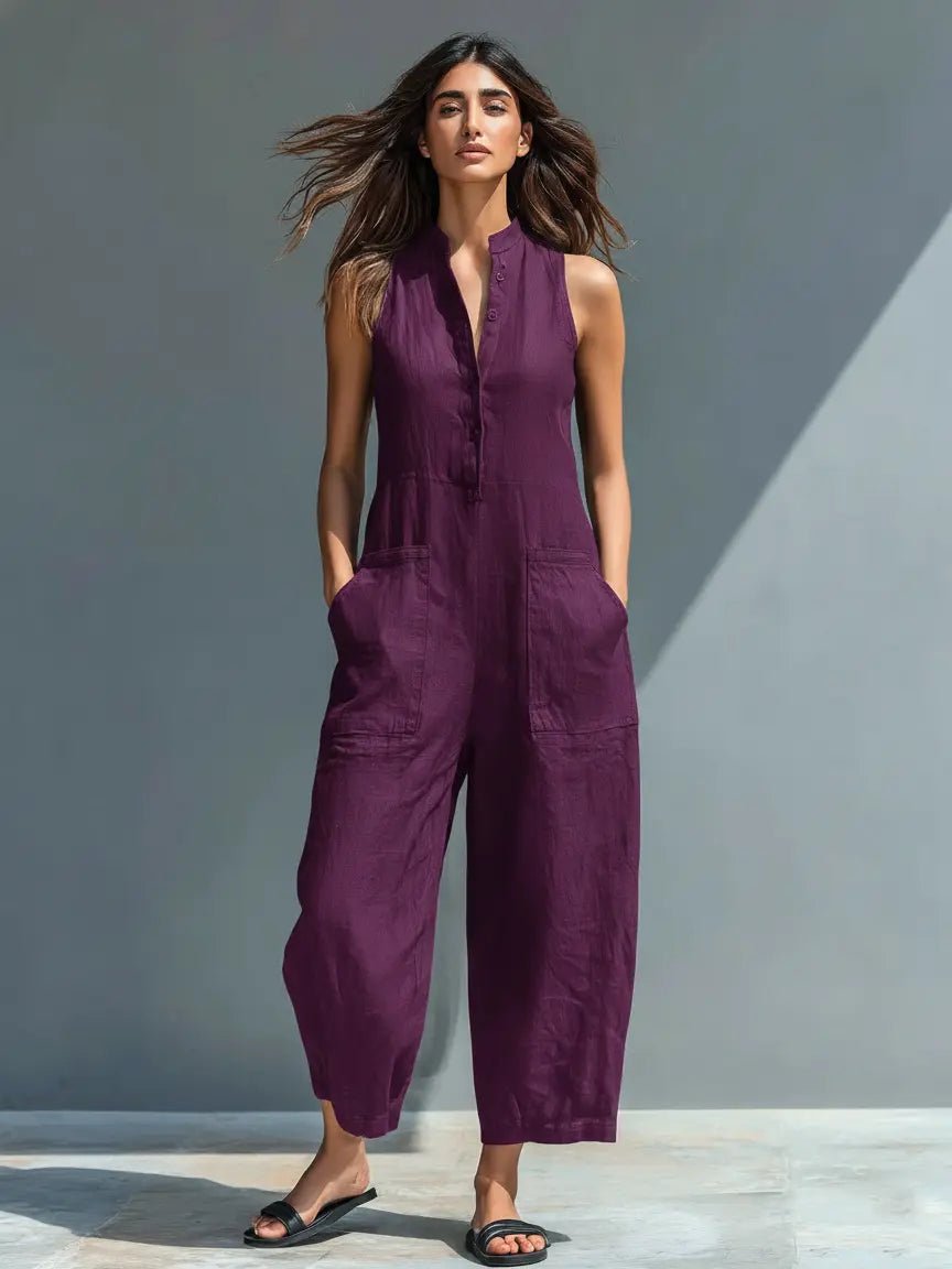 Dames Mouwloze Linnen Button-Up Jumpsuit - Purple