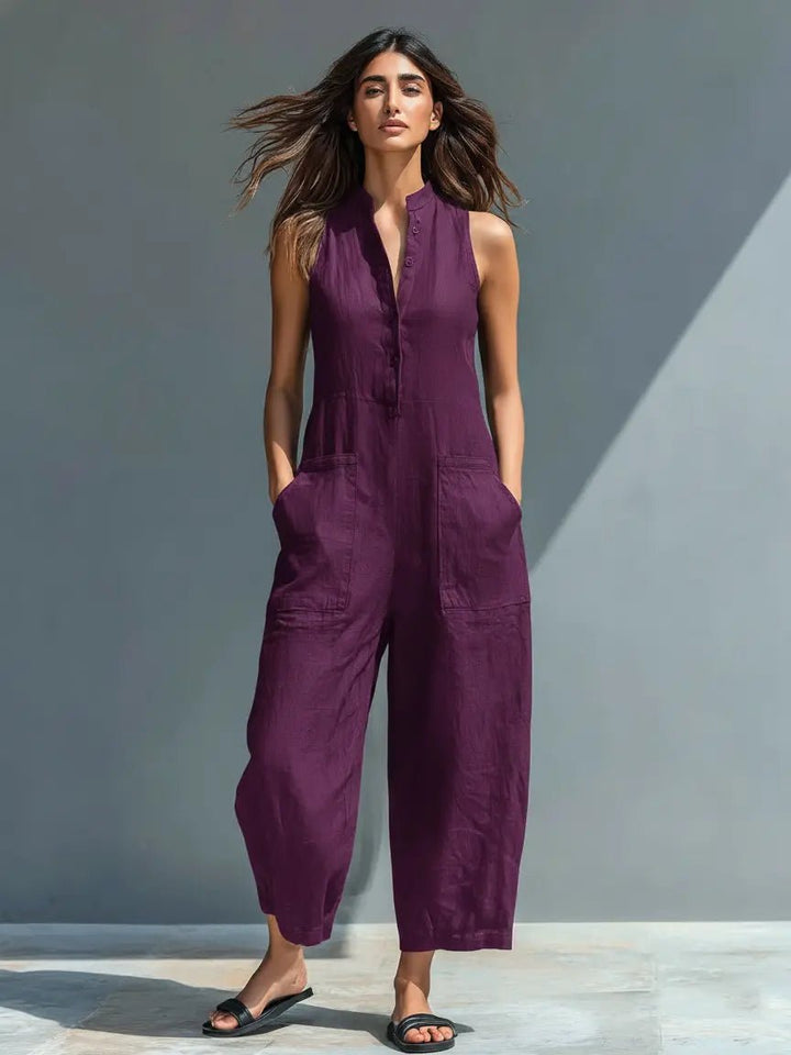 Dames Mouwloze Linnen Button-Up Jumpsuit - Purple