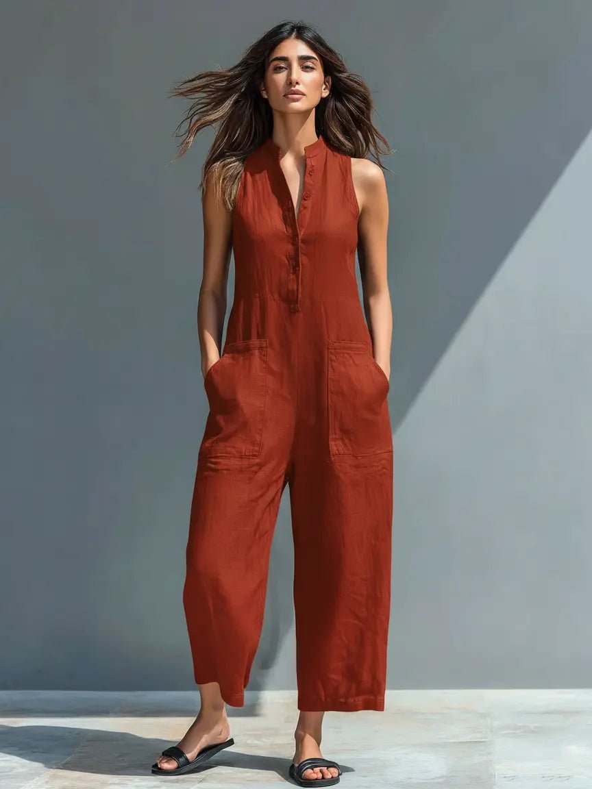 Dames Mouwloze Linnen Button-Up Jumpsuit - Rust Red