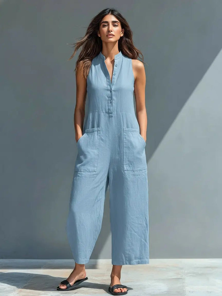 Dames Mouwloze Linnen Button-Up Jumpsuit - Blue