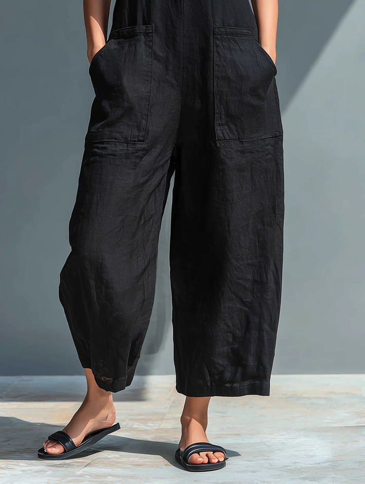Dames Mouwloze Linnen Button-Up Jumpsuit