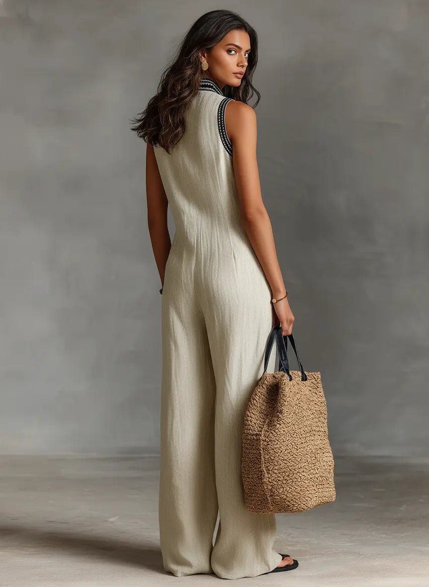 Dames Mouwloze Linnen Jumpsuit met Borduurwerk