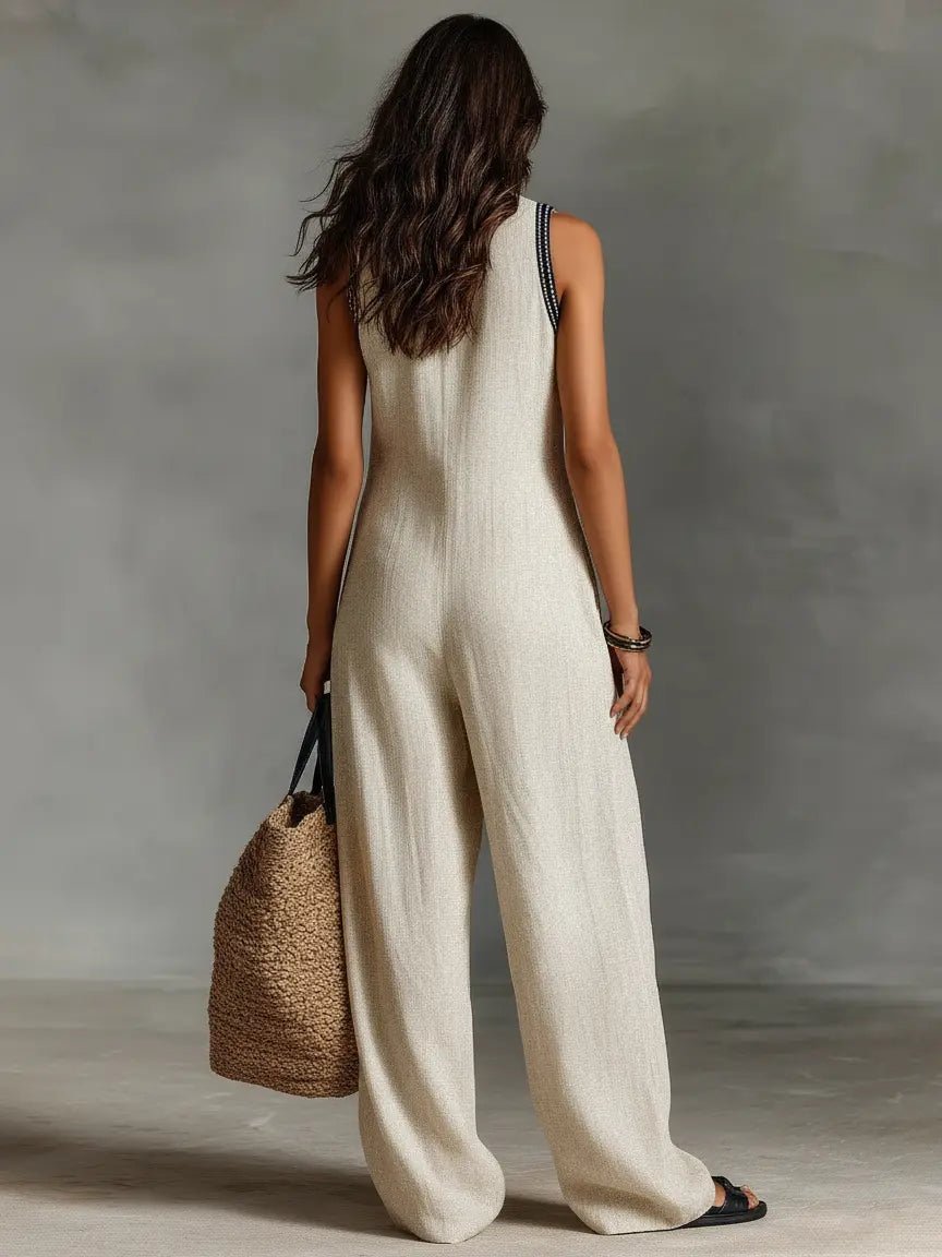 Dames Mouwloze Linnen Jumpsuit met Borduurwerk