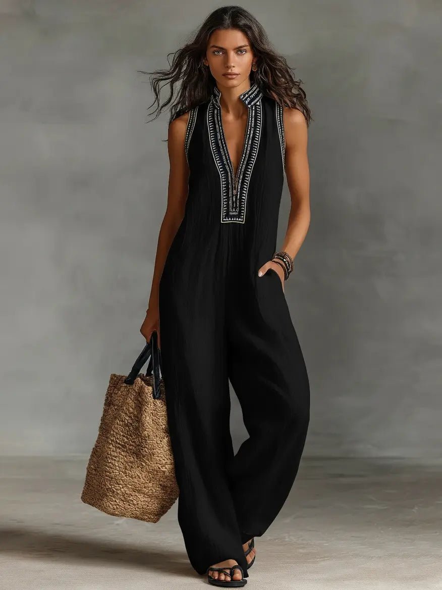 Dames Mouwloze Linnen Jumpsuit met Borduurwerk - Black