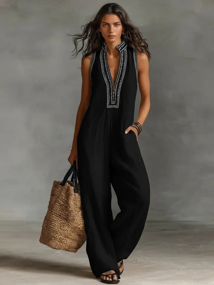 Dames Mouwloze Linnen Jumpsuit met Borduurwerk - Black