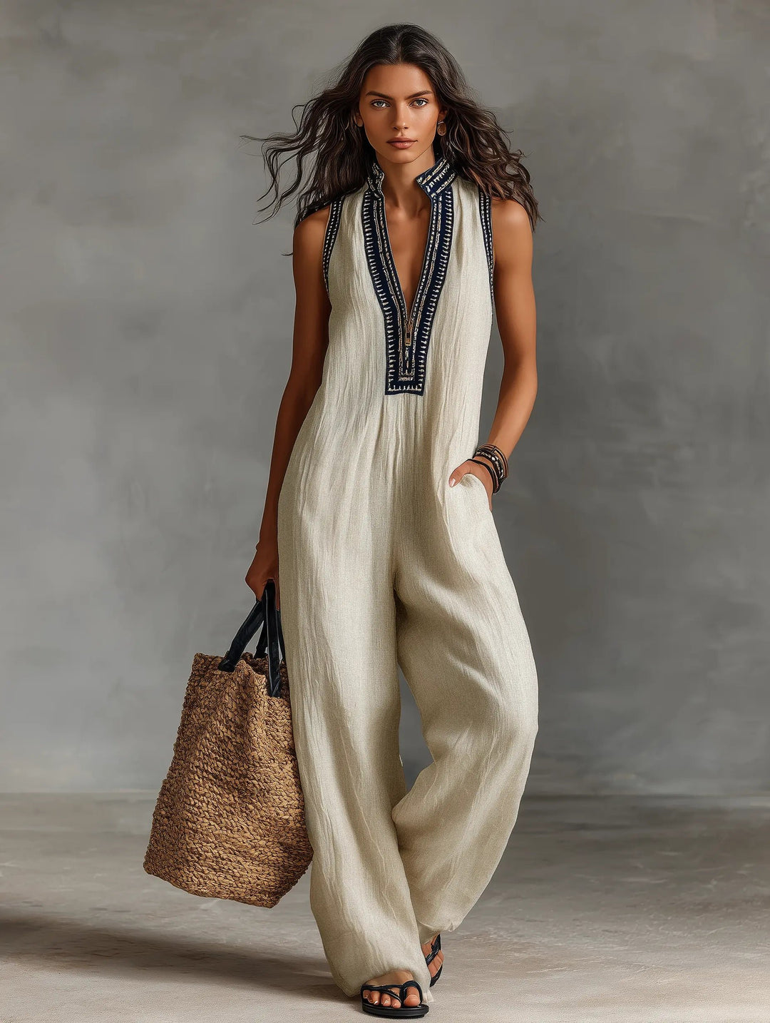Dames Mouwloze Linnen Jumpsuit met Borduurwerk