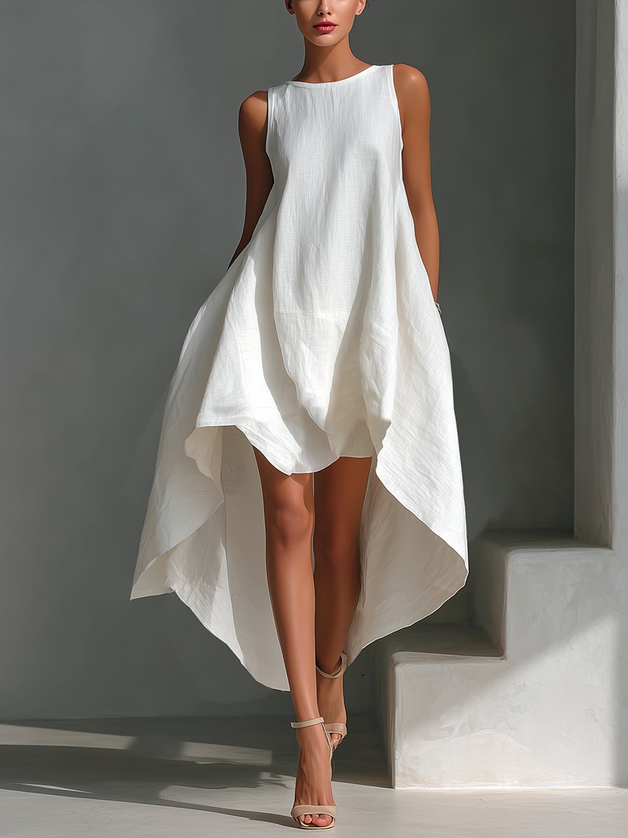 Dames Mouwloze Linnen Midi-jurk Asymmetrische Zoom Relaxed Fit - White