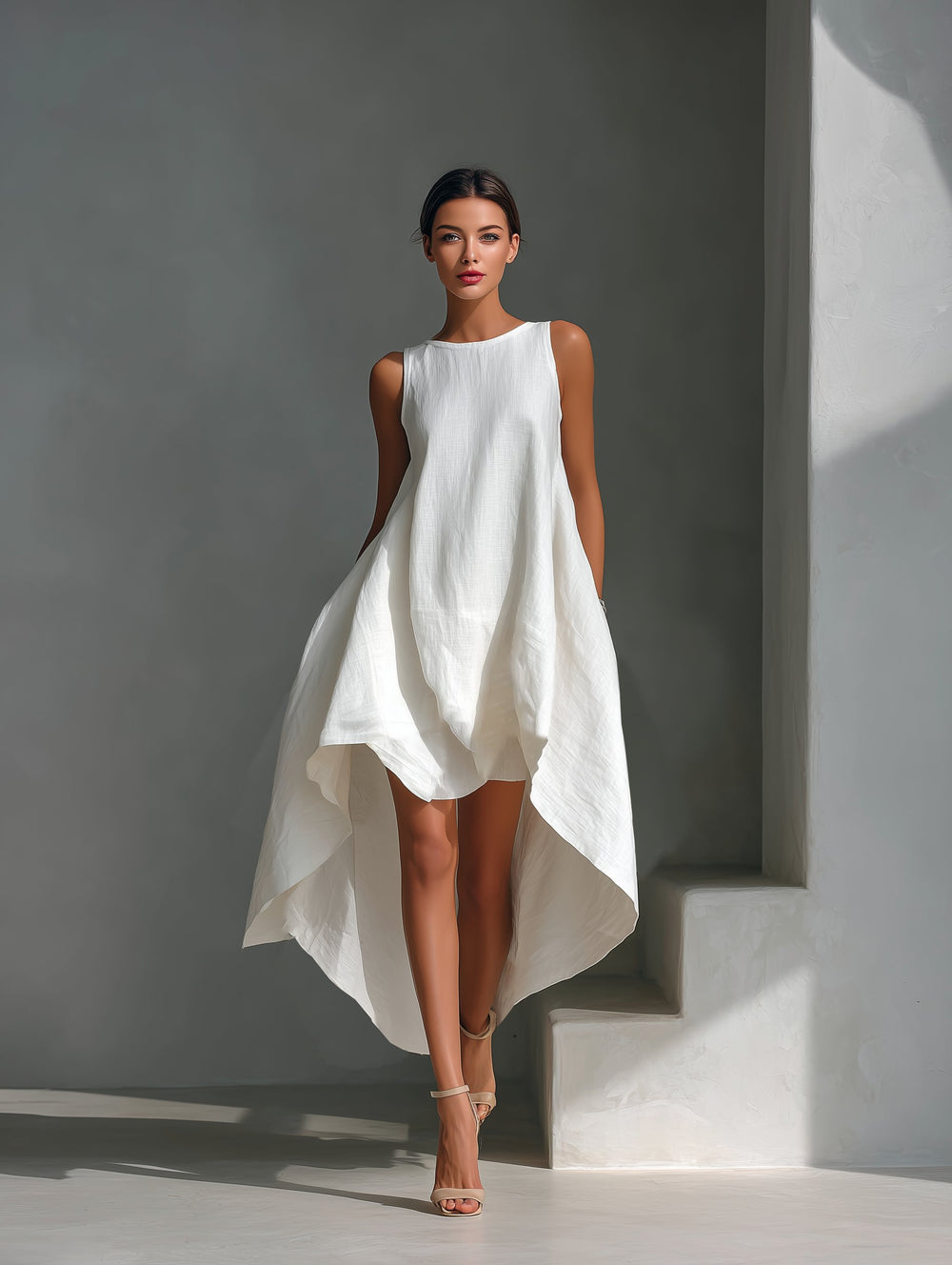 Dames Mouwloze Linnen Midi-jurk Asymmetrische Zoom Relaxed Fit