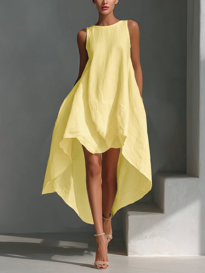 Dames Mouwloze Linnen Midi-jurk Asymmetrische Zoom Relaxed Fit - Warm yellow