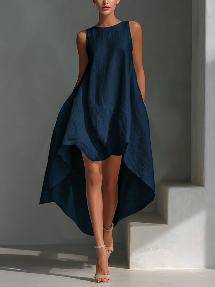Dames Mouwloze Linnen Midi-jurk Asymmetrische Zoom Relaxed Fit - Navy blue