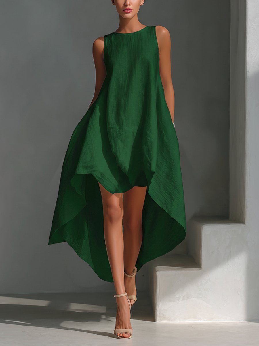 Dames Mouwloze Linnen Midi-jurk Asymmetrische Zoom Relaxed Fit - Green