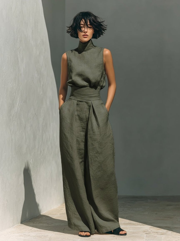 Dames Mouwloze Linnen Set Wijde Pijpen Hoge Kraag - Army Green