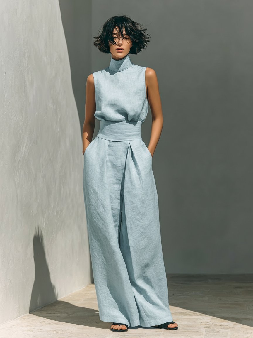 Dames Mouwloze Linnen Set Wijde Pijpen Hoge Kraag - Light Blue