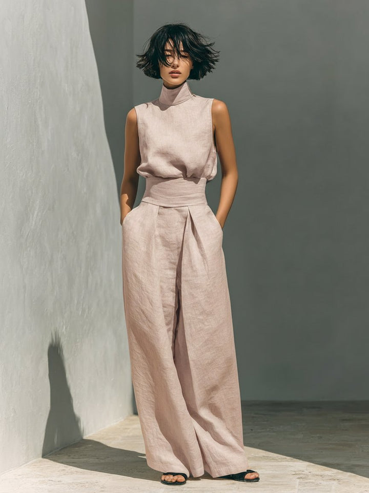 Dames Mouwloze Linnen Set Wijde Pijpen Hoge Kraag - Light Pink