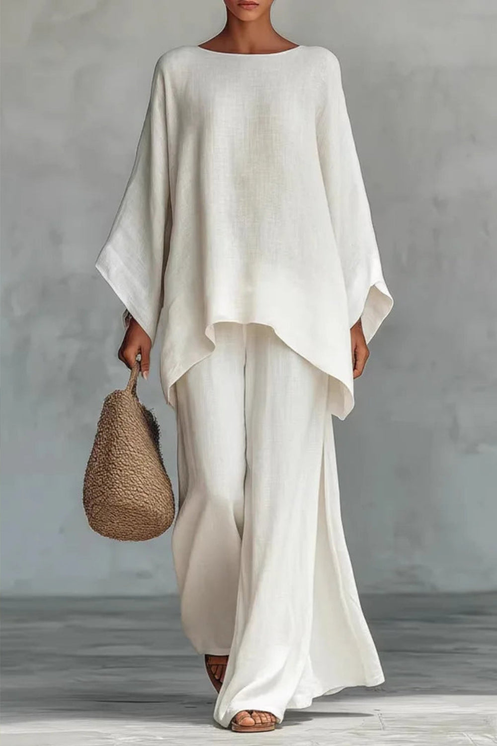 Dames Mouwloze Linnen Wide-Leg Broekset Tweedelig - White