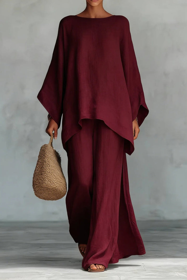 Dames Mouwloze Linnen Wide-Leg Broekset Tweedelig - Burgundy
