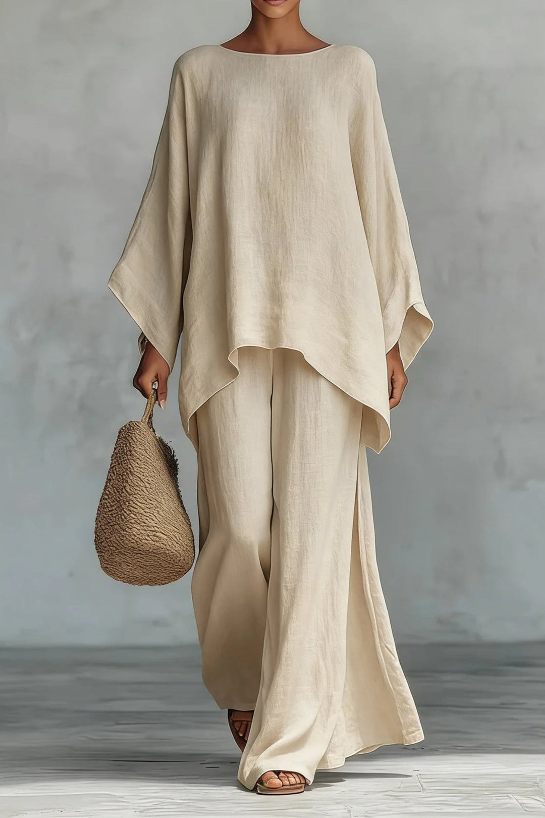 Dames Mouwloze Linnen Wide-Leg Broekset Tweedelig - Khaki
