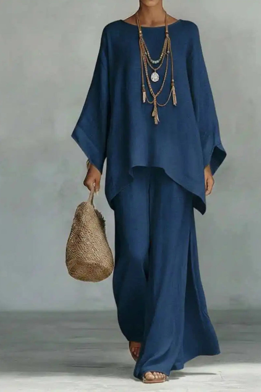 Dames Mouwloze Linnen Wide-Leg Broekset Tweedelig - Navy