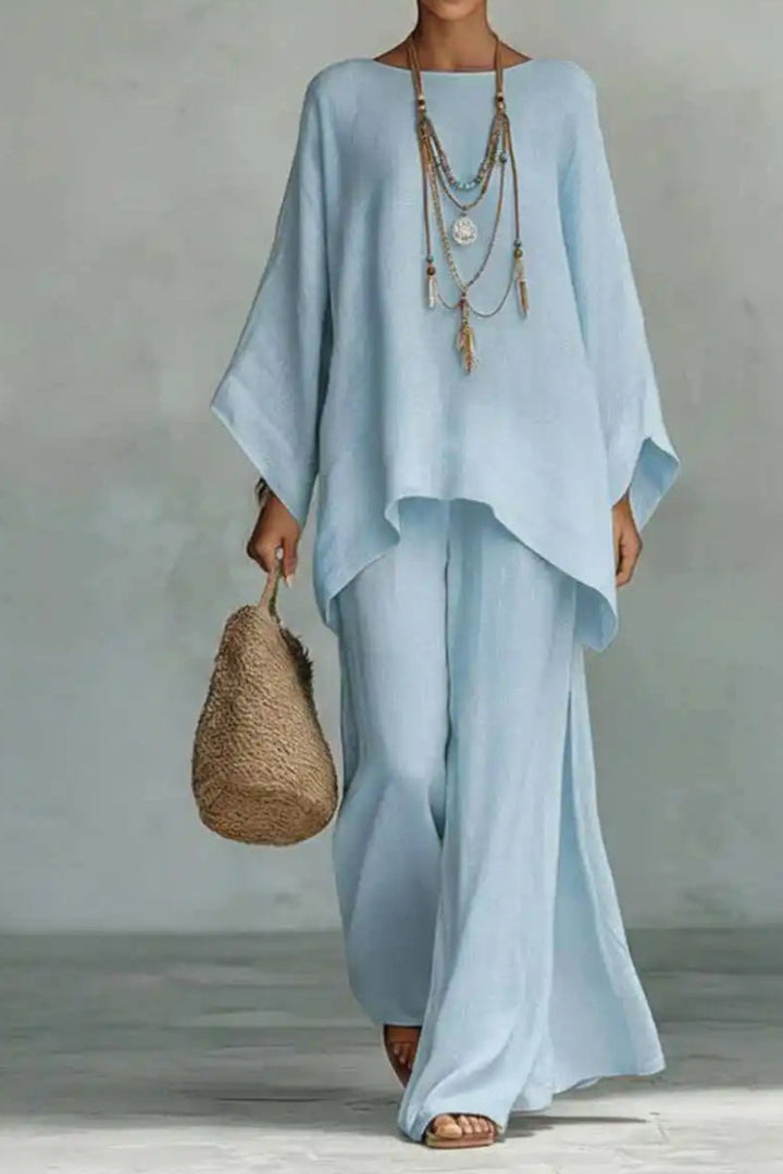 Dames Mouwloze Linnen Wide-Leg Broekset Tweedelig - Light Blue