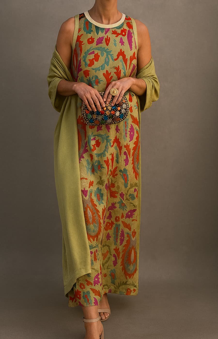 Dames Mouwloze Maxi Jurk Bloemenprint Bijpassende Sjaal Set - Green